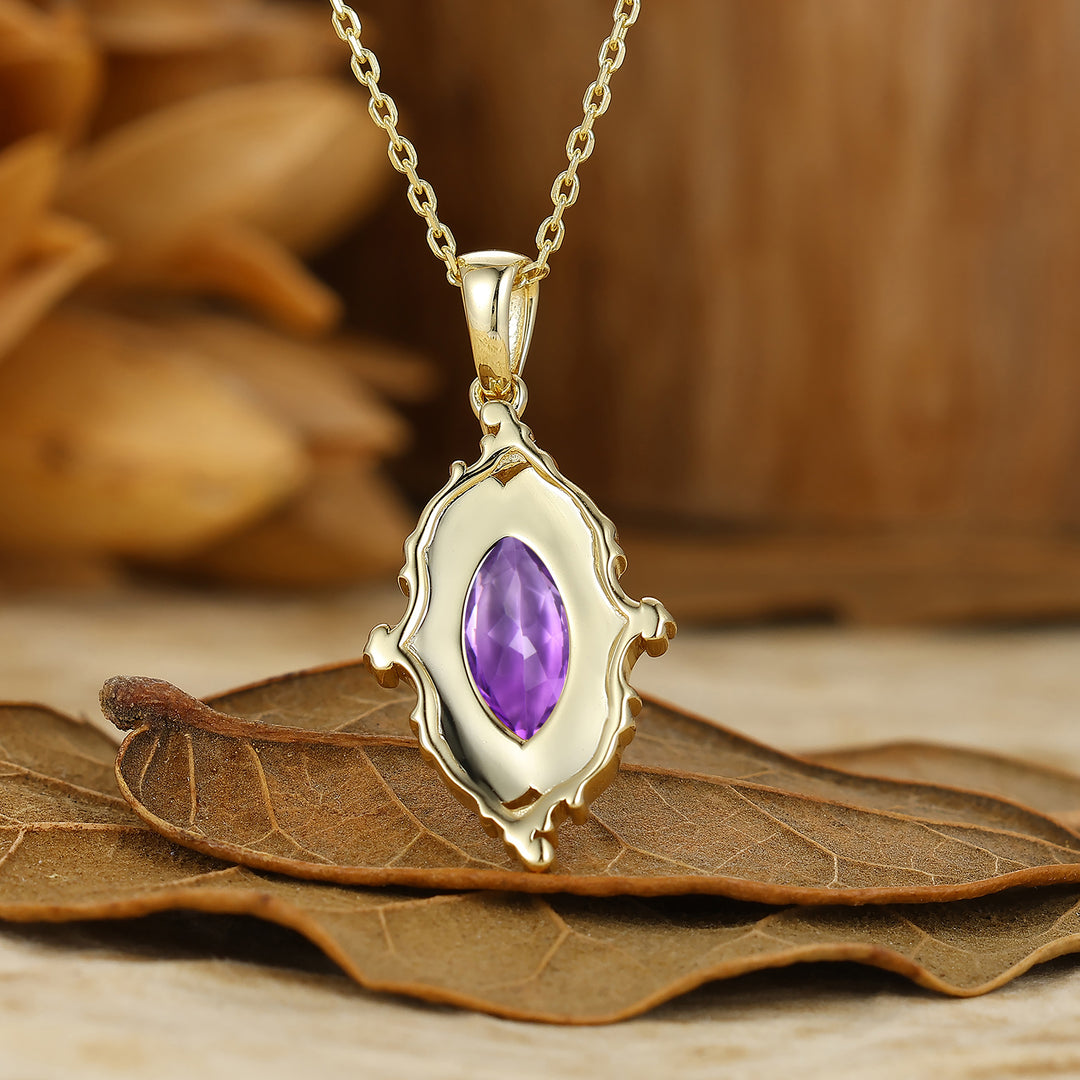 Vintage Amethyst Blue Enamel Pendant S925 Women Necklace Solid Gold Necklace