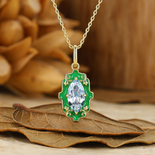 Elegant Marquise Cut Natural Amethyst Necklace Green Vintage Filigree Outline Pendant