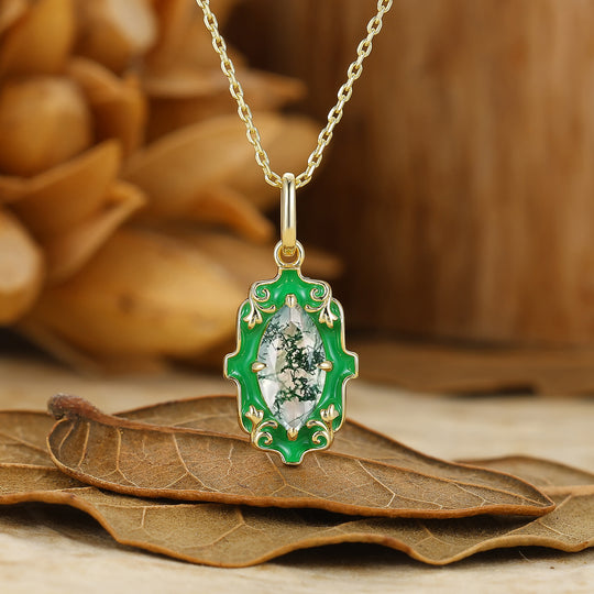Elegant Marquise Cut Natural Amethyst Necklace Green Vintage Filigree Outline Pendant