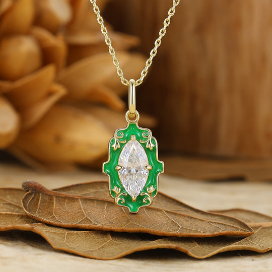 Vintage Moissanite Filigree Pendant Necklace with Green Resin Coating