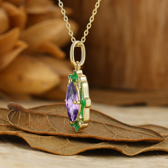Elegant Marquise Cut Natural Amethyst Necklace Green Vintage Filigree Outline Pendant