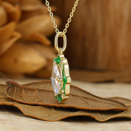 Vintage Moissanite Filigree Pendant Necklace with Green Resin Coating