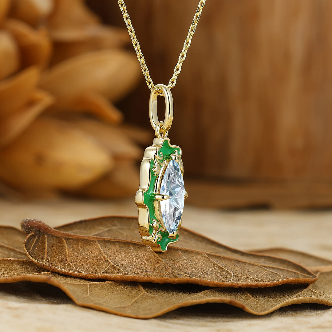 Retro Aquamarine Filigree Pendant Necklace with Green Resin Coating
