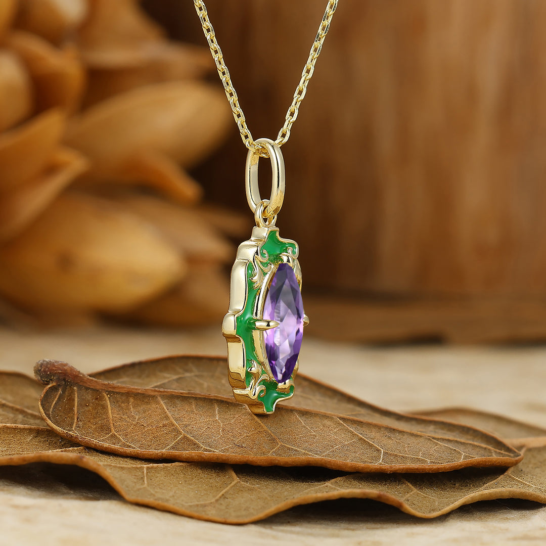 Elegant Marquise Cut Natural Amethyst Necklace Green Vintage Filigree Outline Pendant