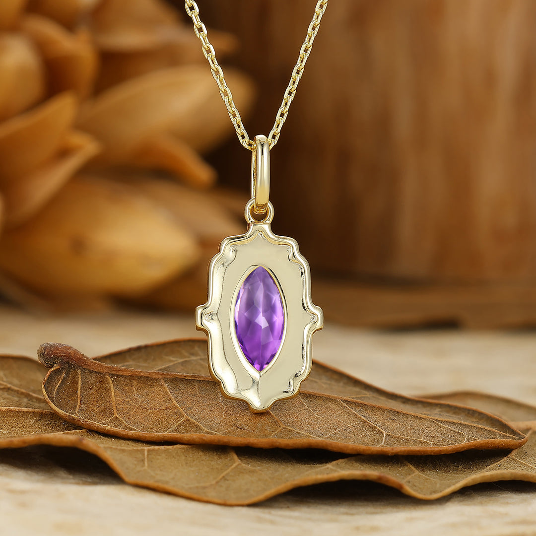Elegant Marquise Cut Natural Amethyst Necklace Green Vintage Filigree Outline Pendant