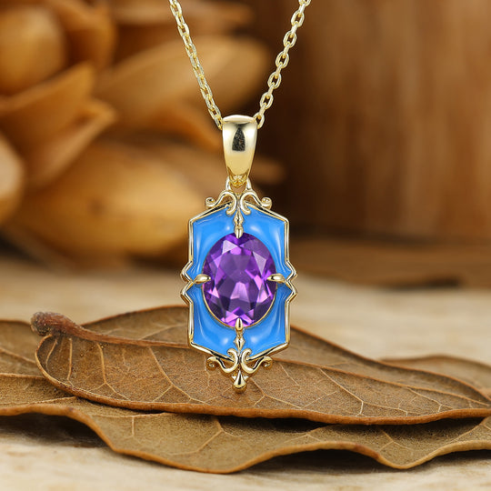 Unique Oval Amethyst Necklace Blue Resin Frame Pendant Gift For Her