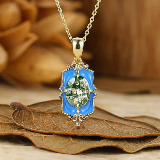 Unique Oval Amethyst Necklace Blue Resin Frame Pendant Gift For Her