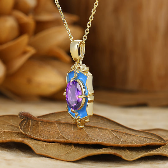 Unique Oval Amethyst Necklace Blue Resin Frame Pendant Gift For Her