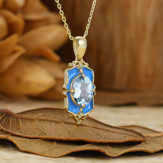 Elegant Oval Aquamarine Necklace Classic Pattern Bridal Pendant For Women