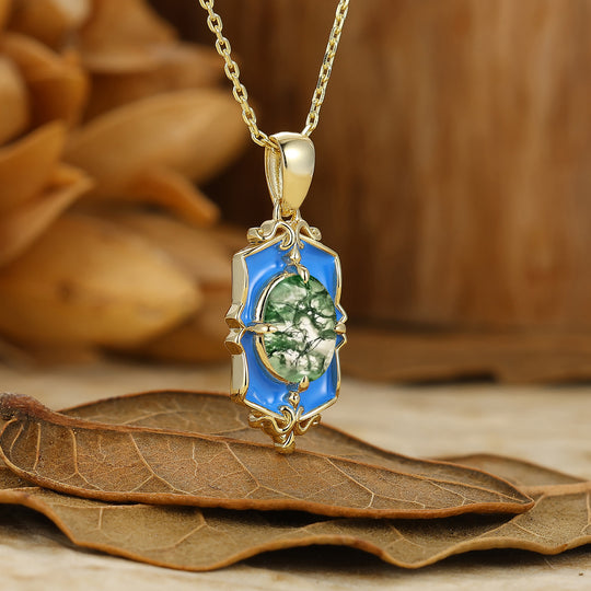 Artistic Oval Cut Moss Agate Necklace Blue Resin Pendant Anniversary Gift