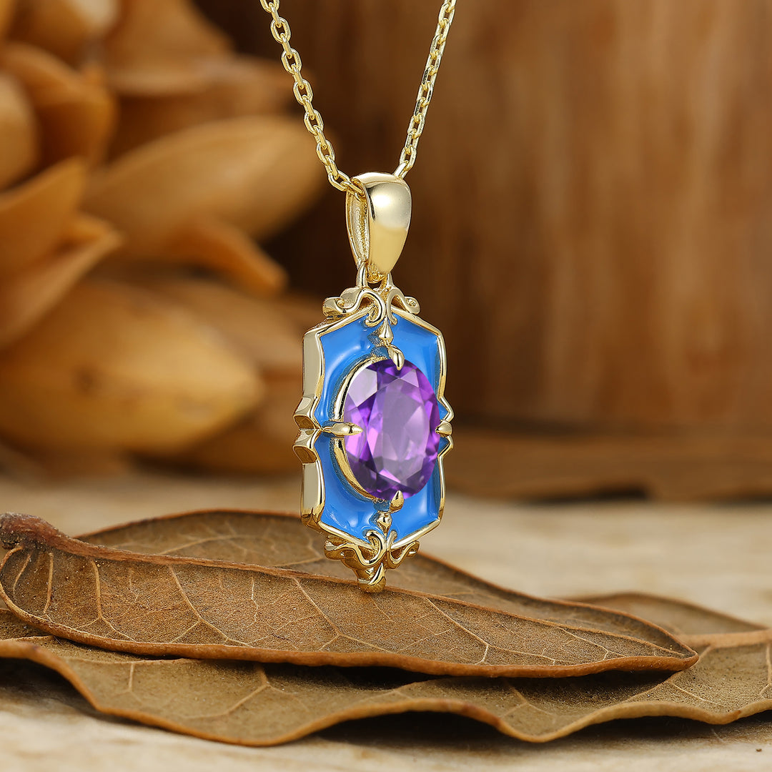Unique Oval Amethyst Necklace Blue Resin Frame Pendant Gift For Her