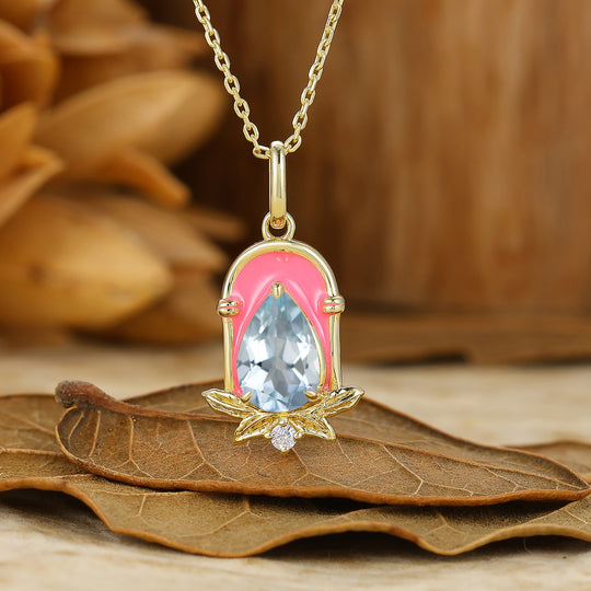 Sweet Teardrop Aquamarine Necklace Pink Arch Epoxy Design Pendant For Women