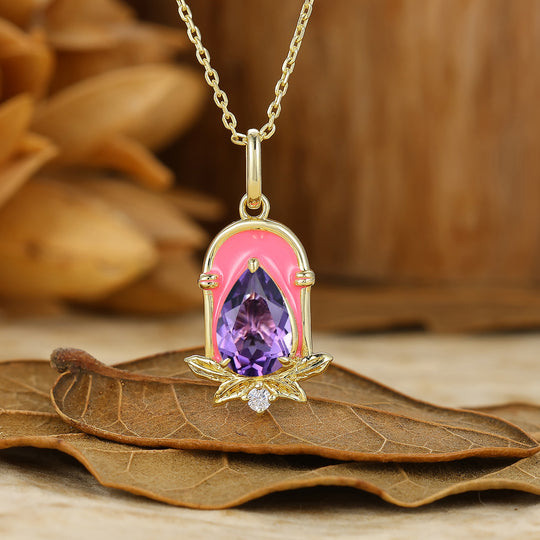 Dainty Teardrop Amethyst Necklace Featuring Pink Arch Resin Pendant Leaf Design Necklace
