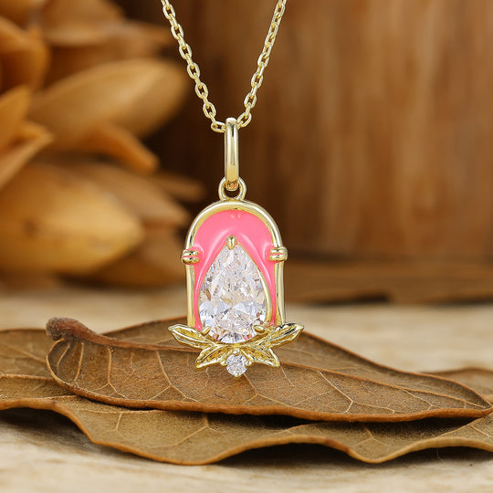 Sweet Pear Cut Moissanite Necklace Pink Arch Epoxy Design Pendant For Women