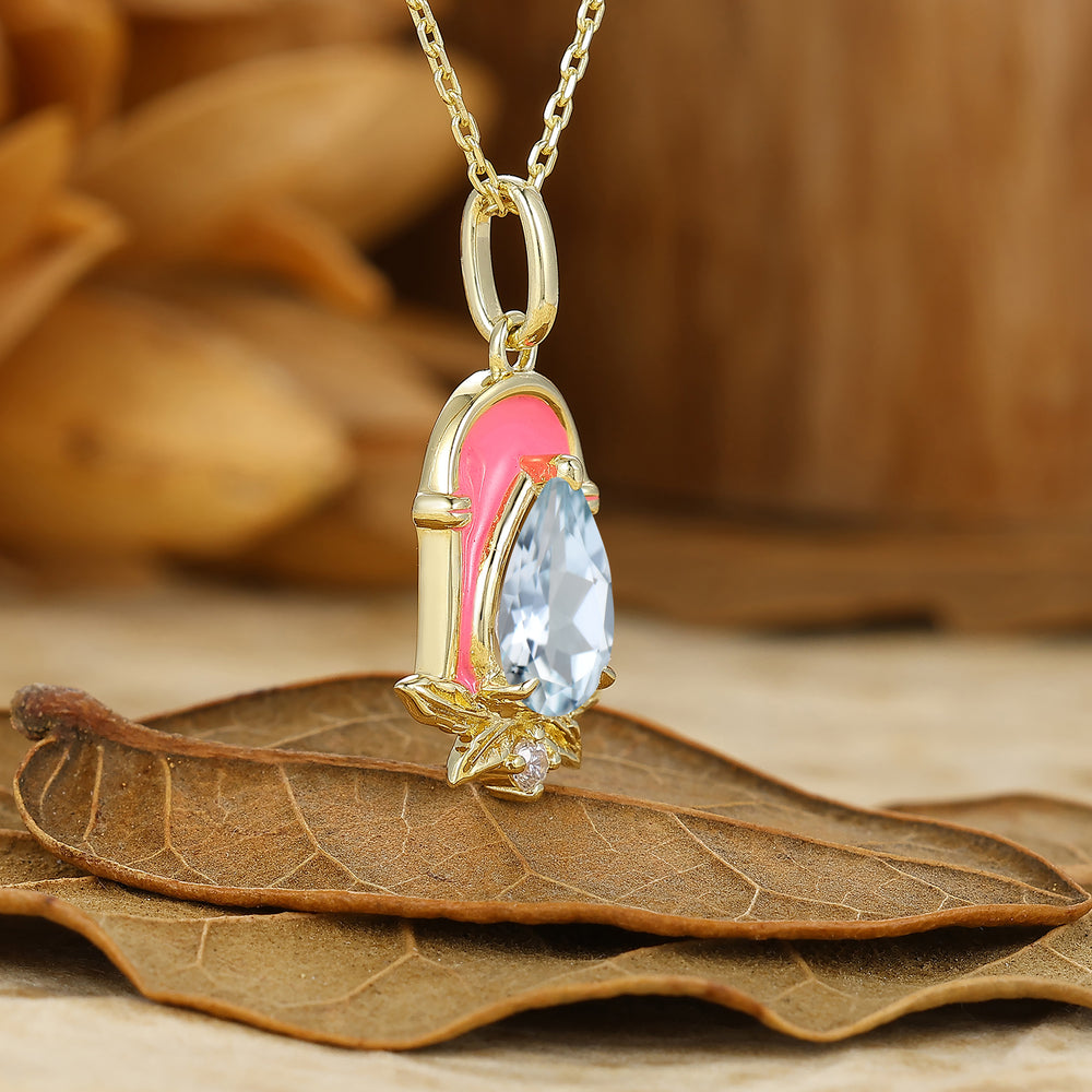 Sweet Teardrop Aquamarine Necklace Pink Arch Epoxy Design Pendant For Women