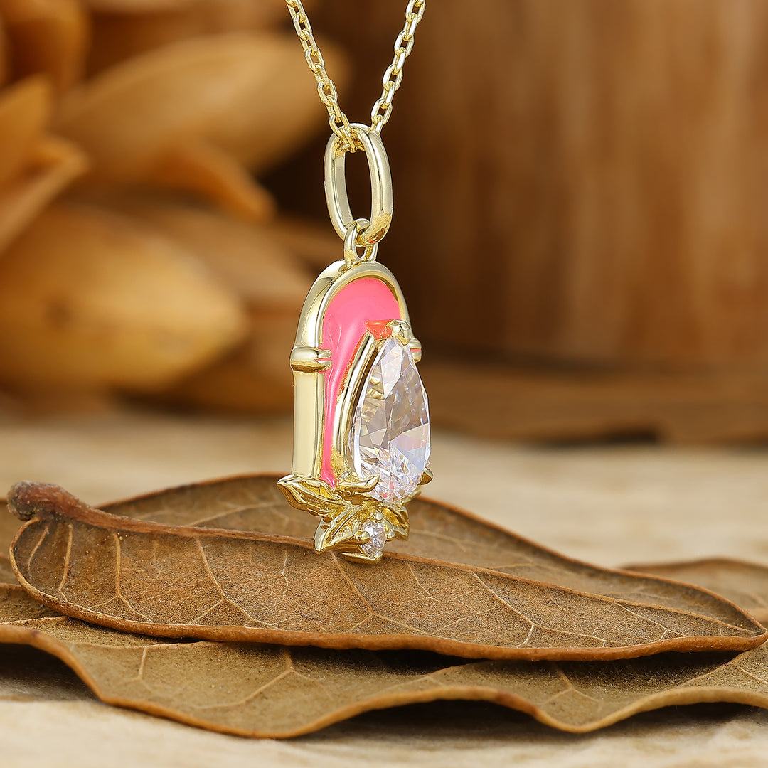 Sweet Pear Cut Moissanite Necklace Pink Arch Epoxy Design Pendant For Women