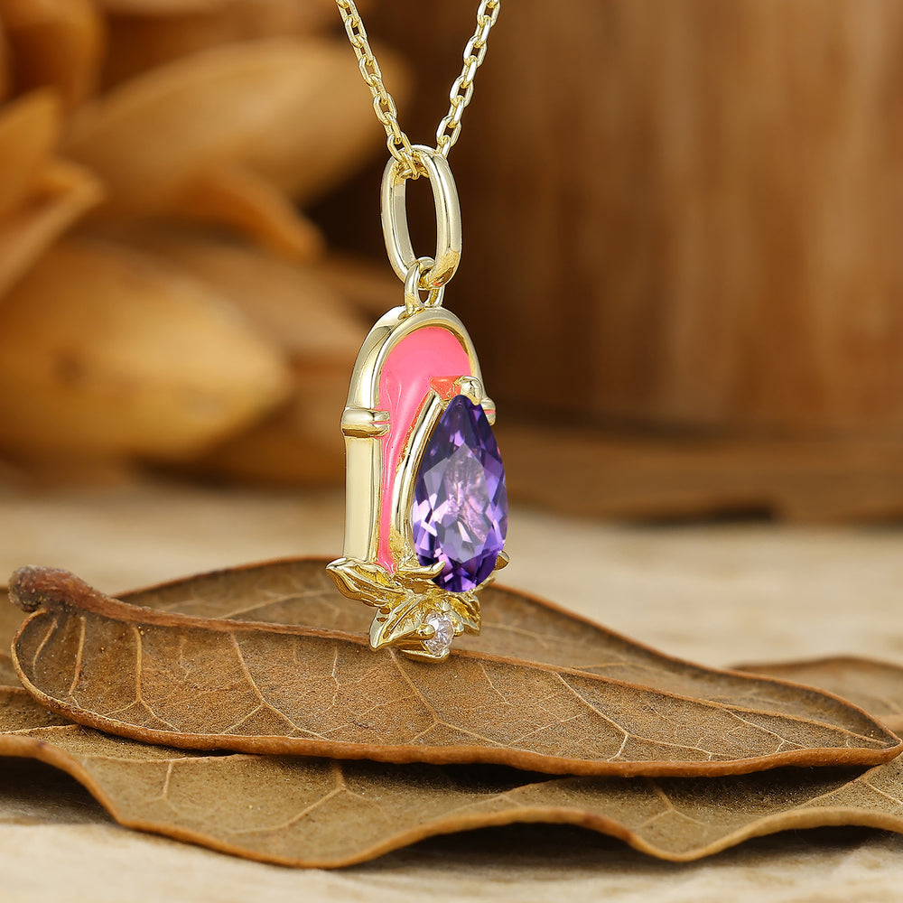 Dainty Teardrop Amethyst Necklace Featuring Pink Arch Resin Pendant Leaf Design Necklace