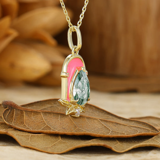 Pear Cut Natural Moss Agate Necklace Sweet Style Resin Pendant Anniversary Bridal Pendant