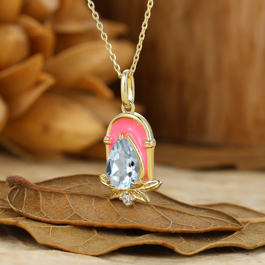 Sweet Teardrop Aquamarine Necklace Pink Arch Epoxy Design Pendant For Women