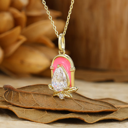 Sweet Pear Cut Moissanite Necklace Pink Arch Epoxy Design Pendant For Women