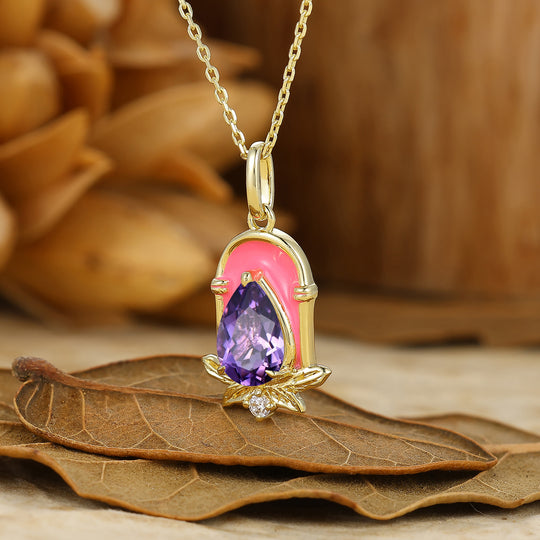 Dainty Teardrop Amethyst Necklace Featuring Pink Arch Resin Pendant Leaf Design Necklace