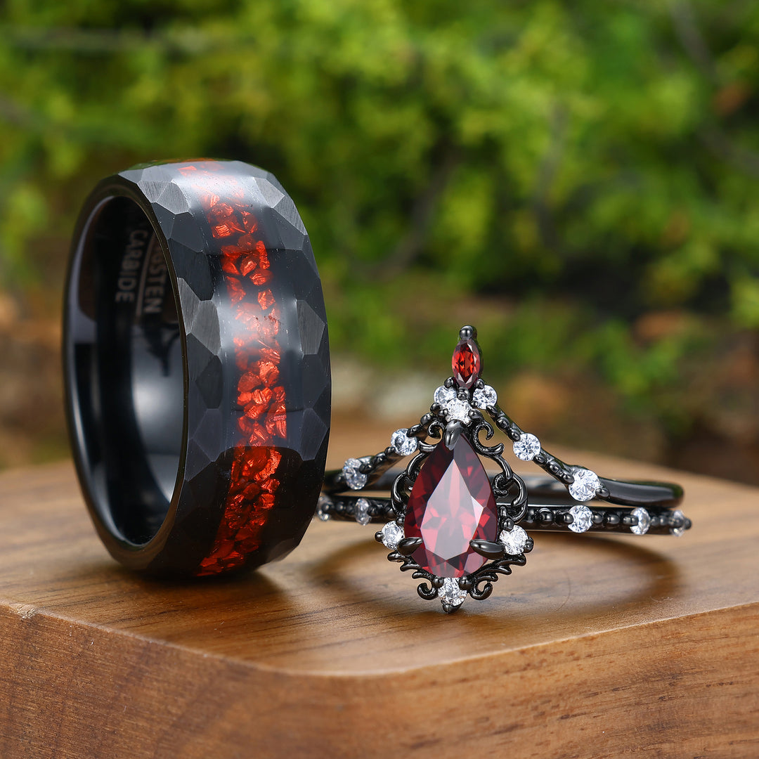 Dainty Scrolled Milgrained Natural Red Garnet Couple Ring Set Black Plated And Red Stone Matching Rings