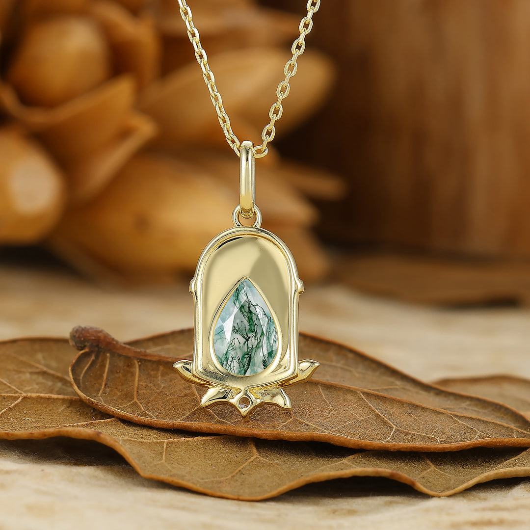 Pear Cut Natural Moss Agate Necklace Sweet Style Resin Pendant Anniversary Bridal Pendant