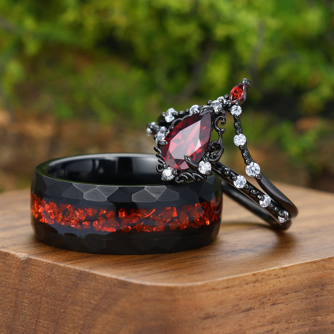 Dainty Scrolled Milgrained Natural Red Garnet Couple Ring Set Black Plated And Red Stone Matching Rings