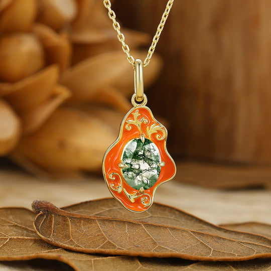Unique Oval Moss Agate Necklace Filigree Orange Resin Design Women Pendant