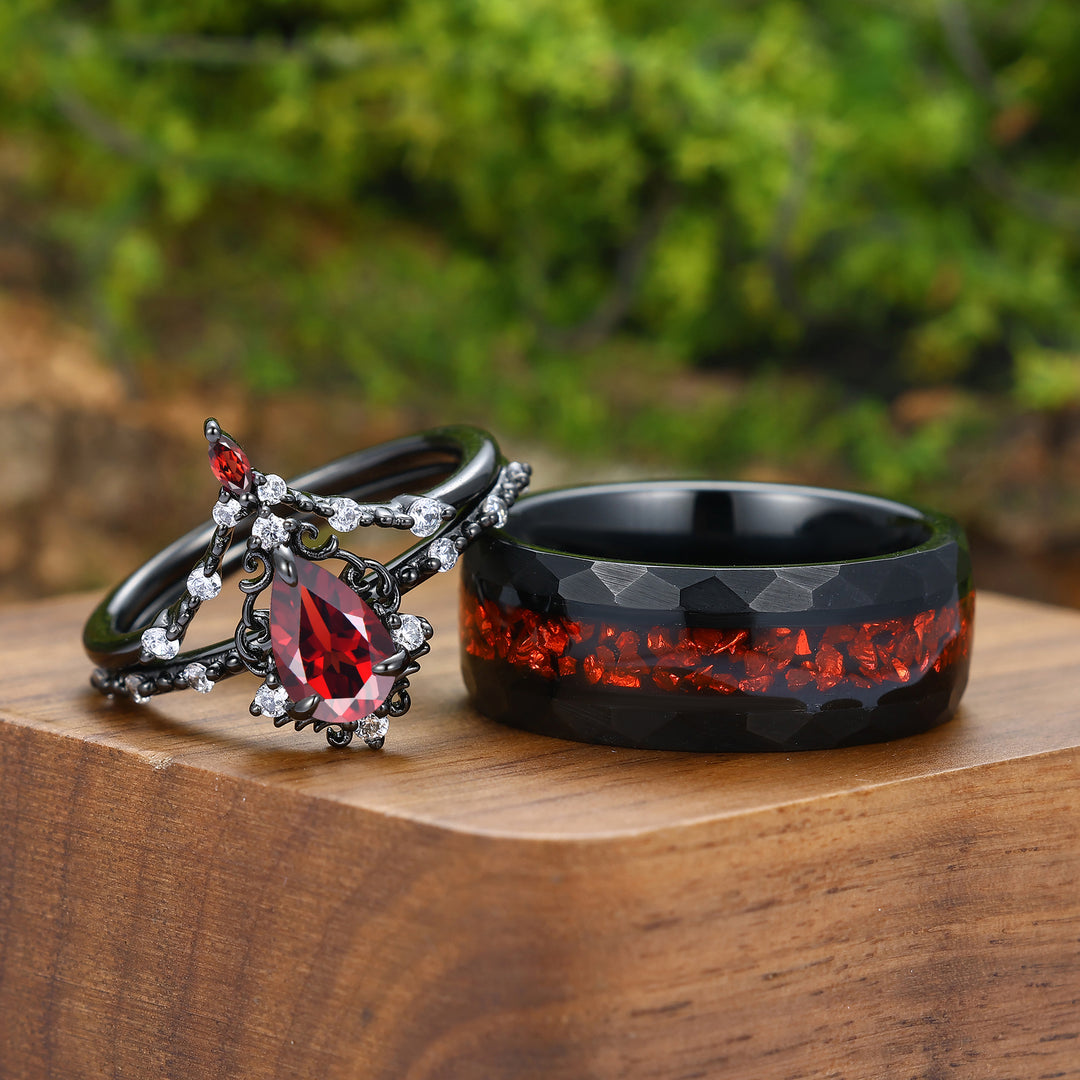 Dainty Scrolled Milgrained Natural Red Garnet Couple Ring Set