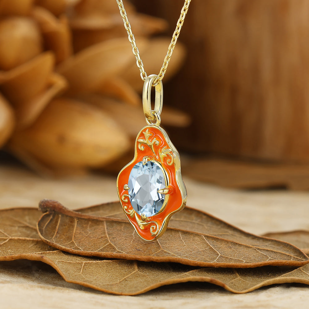 Artistic Oval Aquamarine Necklace Delicate Gold Filigree Irregular Design Pendant