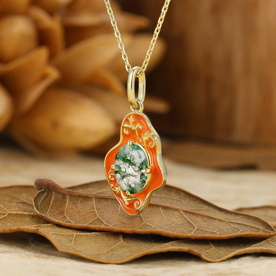 Unique Oval Moss Agate Necklace Filigree Orange Resin Design Women Pendant
