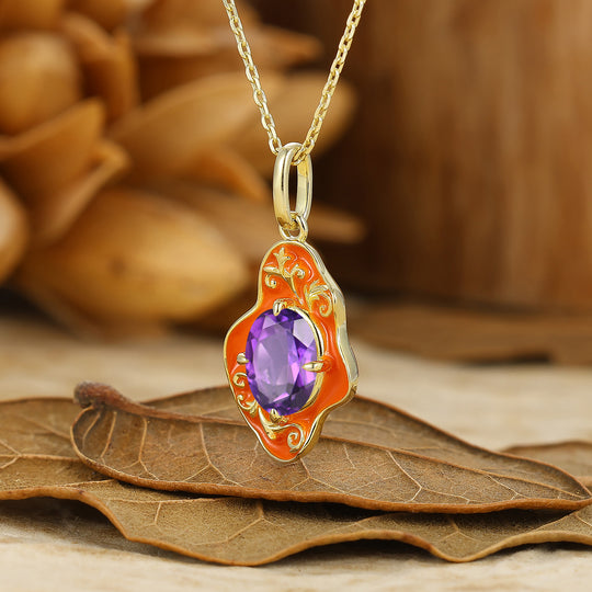 Elegant Oval Cut Amethyst Necklace Orange Resin Pendant 14K Solid Gold Necklace