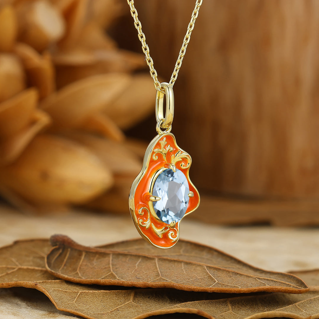 Artistic Oval Aquamarine Necklace Delicate Gold Filigree Irregular Design Pendant
