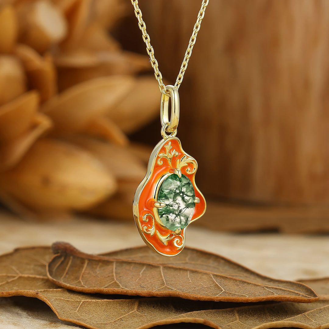 Unique Oval Moss Agate Necklace Filigree Orange Resin Design Women Pendant