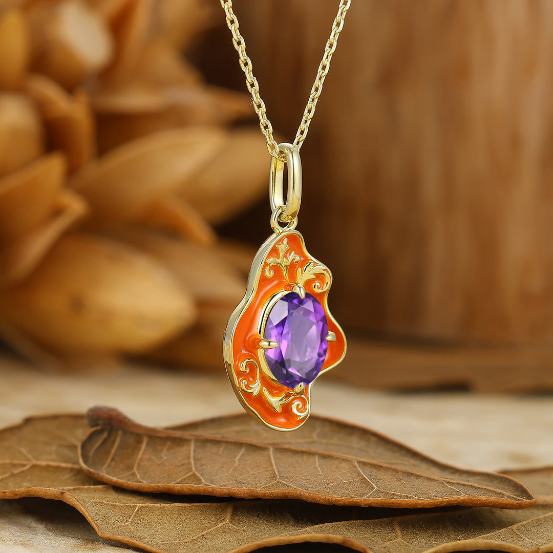 Elegant Oval Cut Amethyst Necklace Orange Resin Pendant 14K Solid Gold Necklace