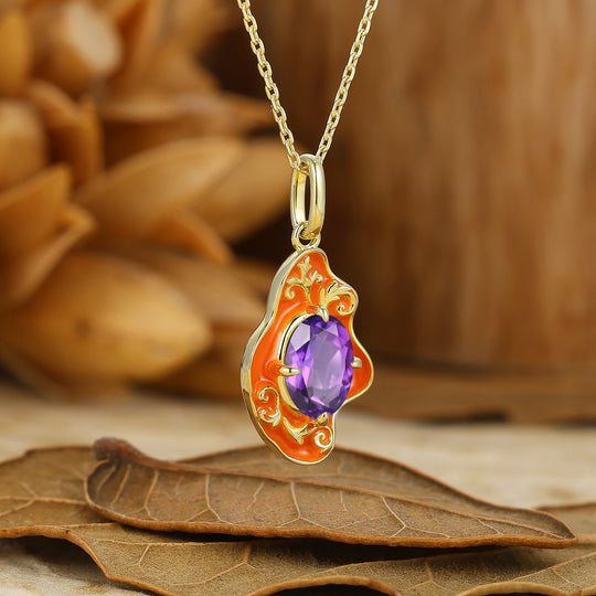 Elegant Oval Cut Amethyst Necklace Orange Resin Pendant 14K Solid Gold Necklace