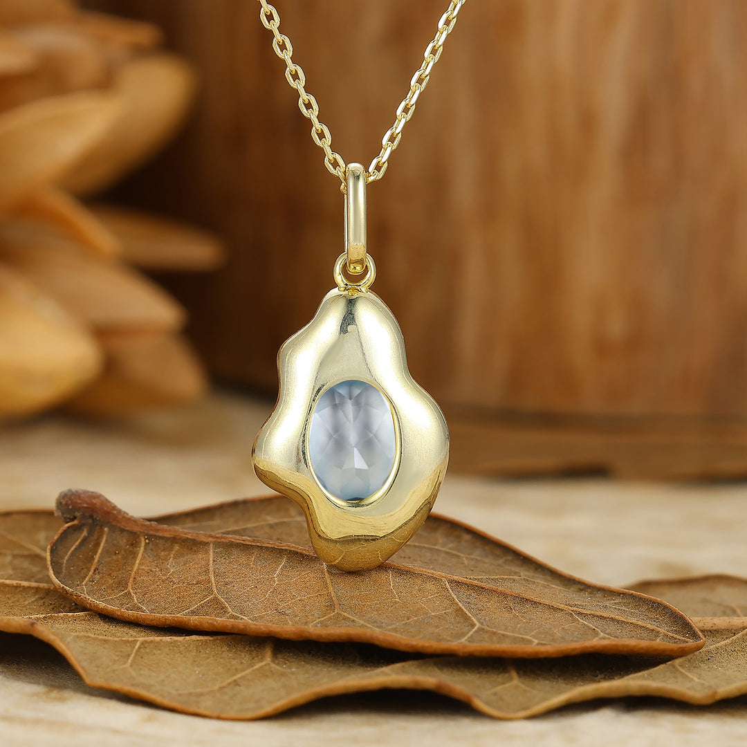 Artistic Oval Aquamarine Necklace Delicate Gold Filigree Irregular Design Pendant