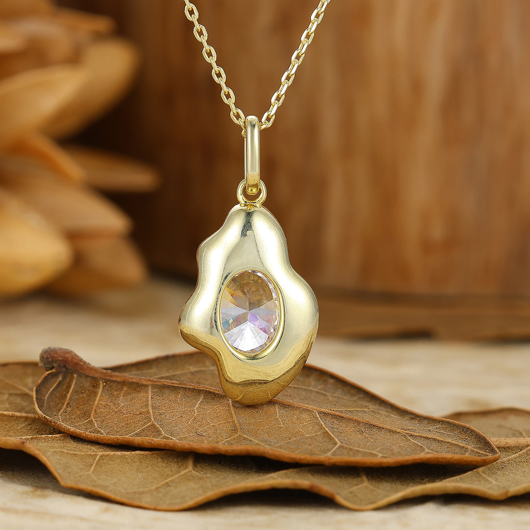 Artistic Oval Cut Moissanite Necklace Unique Gold Filigree Irregular Design Pendant