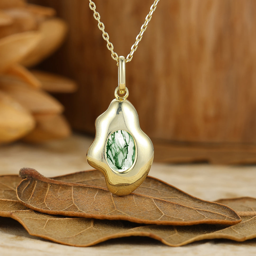 Unique Oval Moss Agate Necklace Filigree Orange Resin Design Women Pendant
