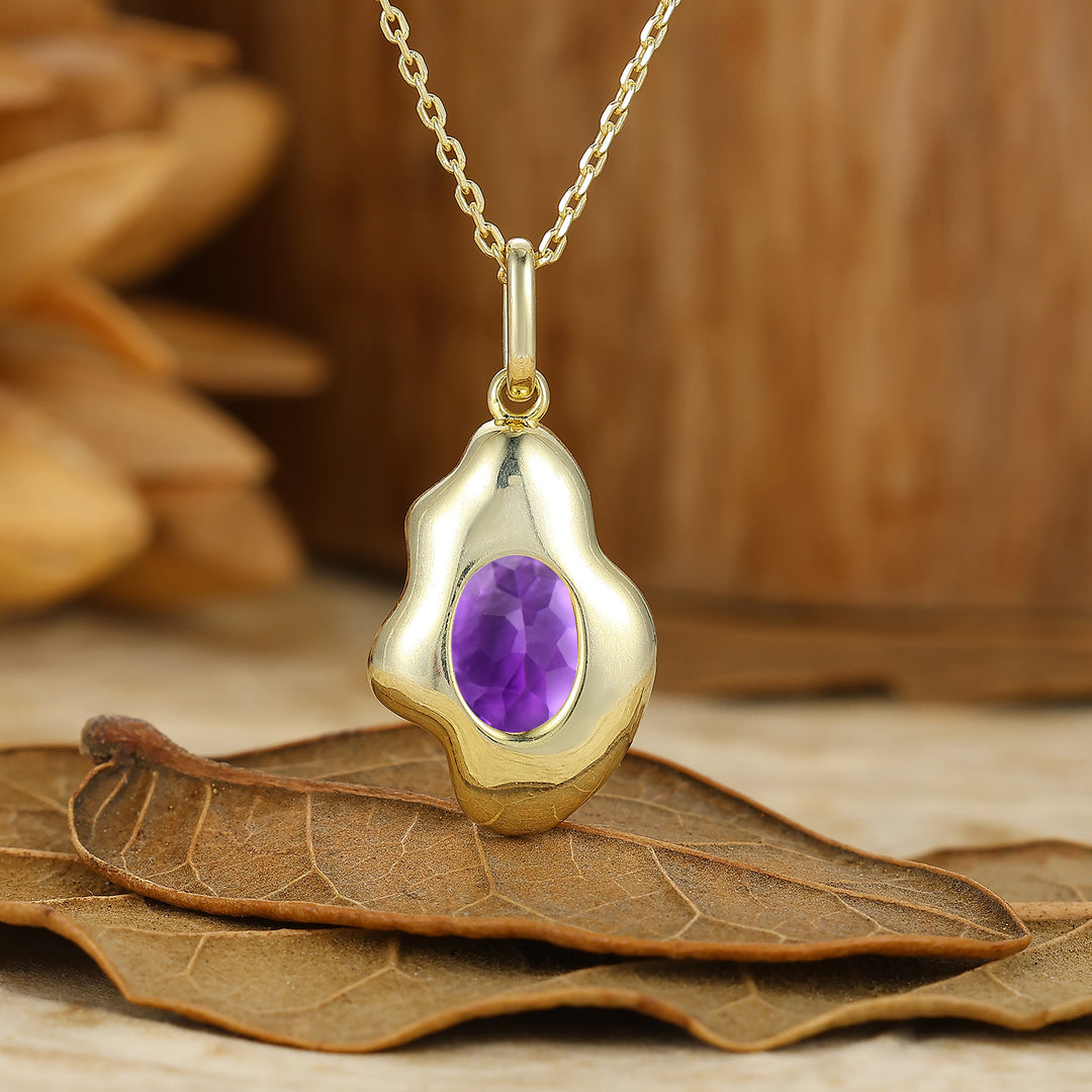Elegant Oval Cut Amethyst Necklace Orange Resin Pendant 14K Solid Gold Necklace