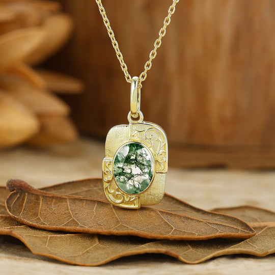 Textured Gold Filigreed  Moss Agate Pendant Solid Women Pendant Necklace