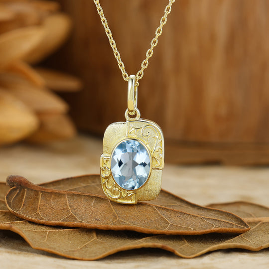 Textured Gold Filigreed Aquamarine Pendant Solid Women Pendant Necklace