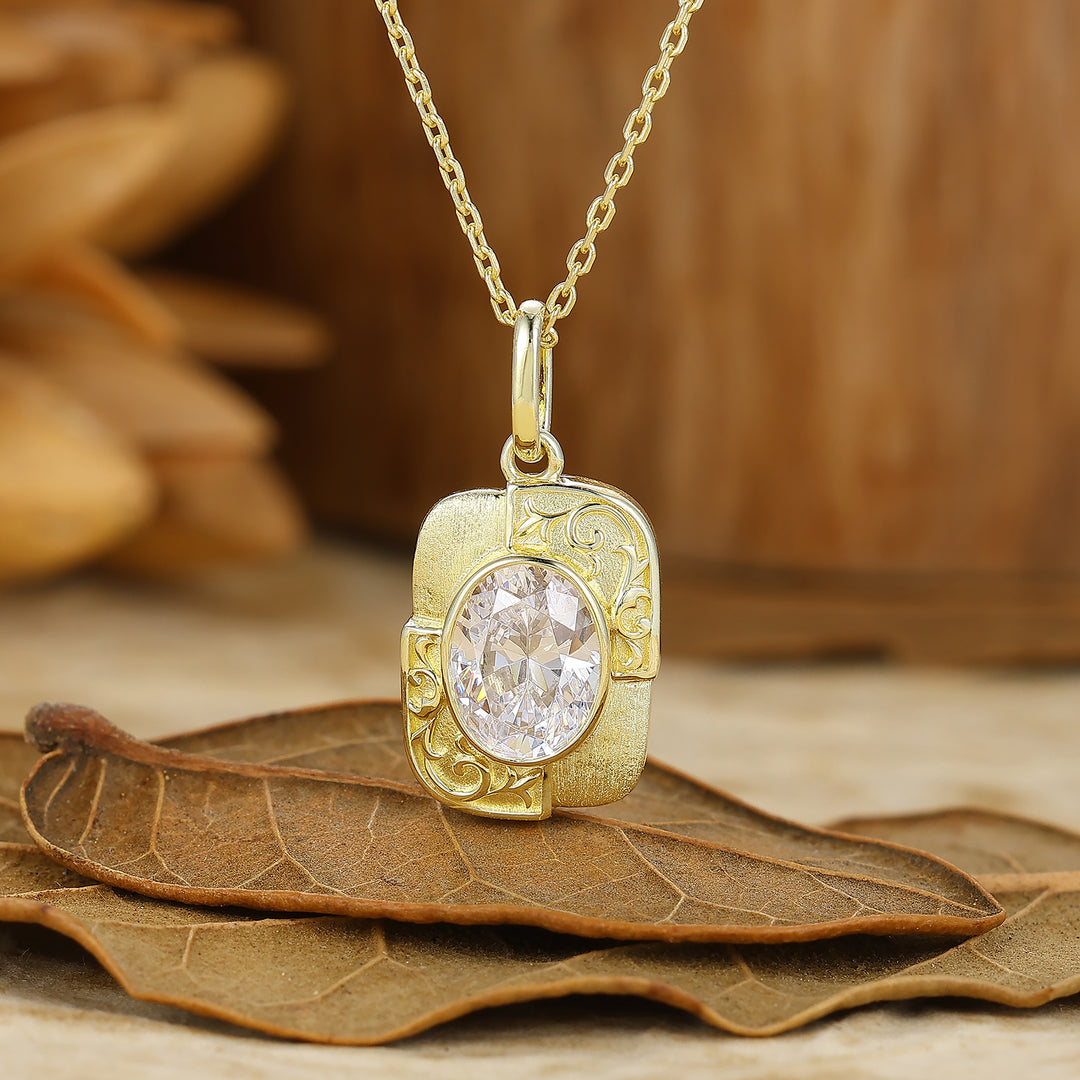 Textured Gold Filigreed Moissanite Pendant Solid Women Pendant Necklace