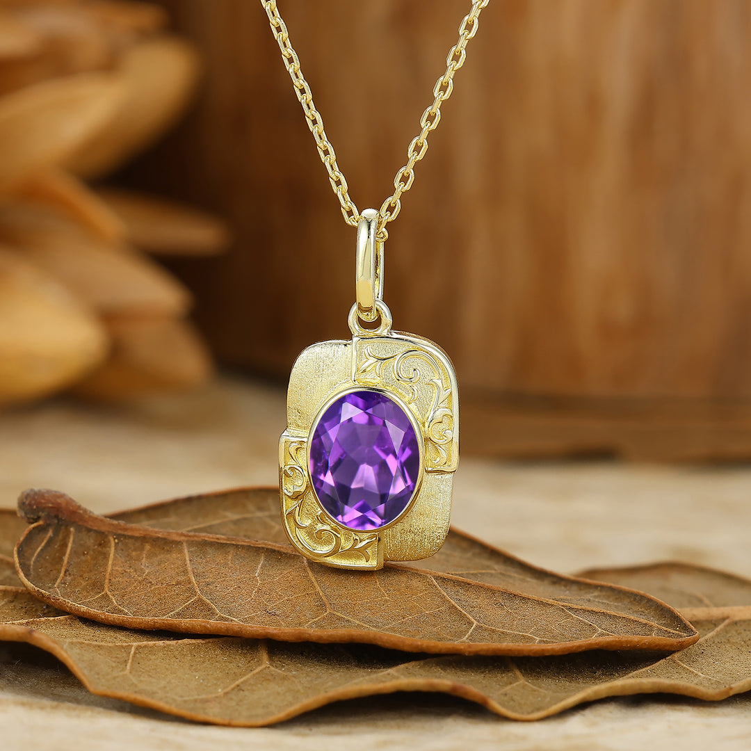 Textured Gold Filigreed Amethyst Pendant Solid Women Pendant Necklace