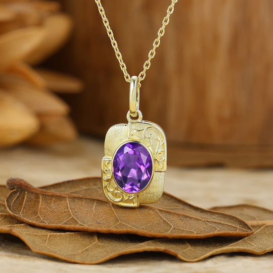 Textured Gold Filigreed Amethyst Pendant Solid Women Pendant Necklace