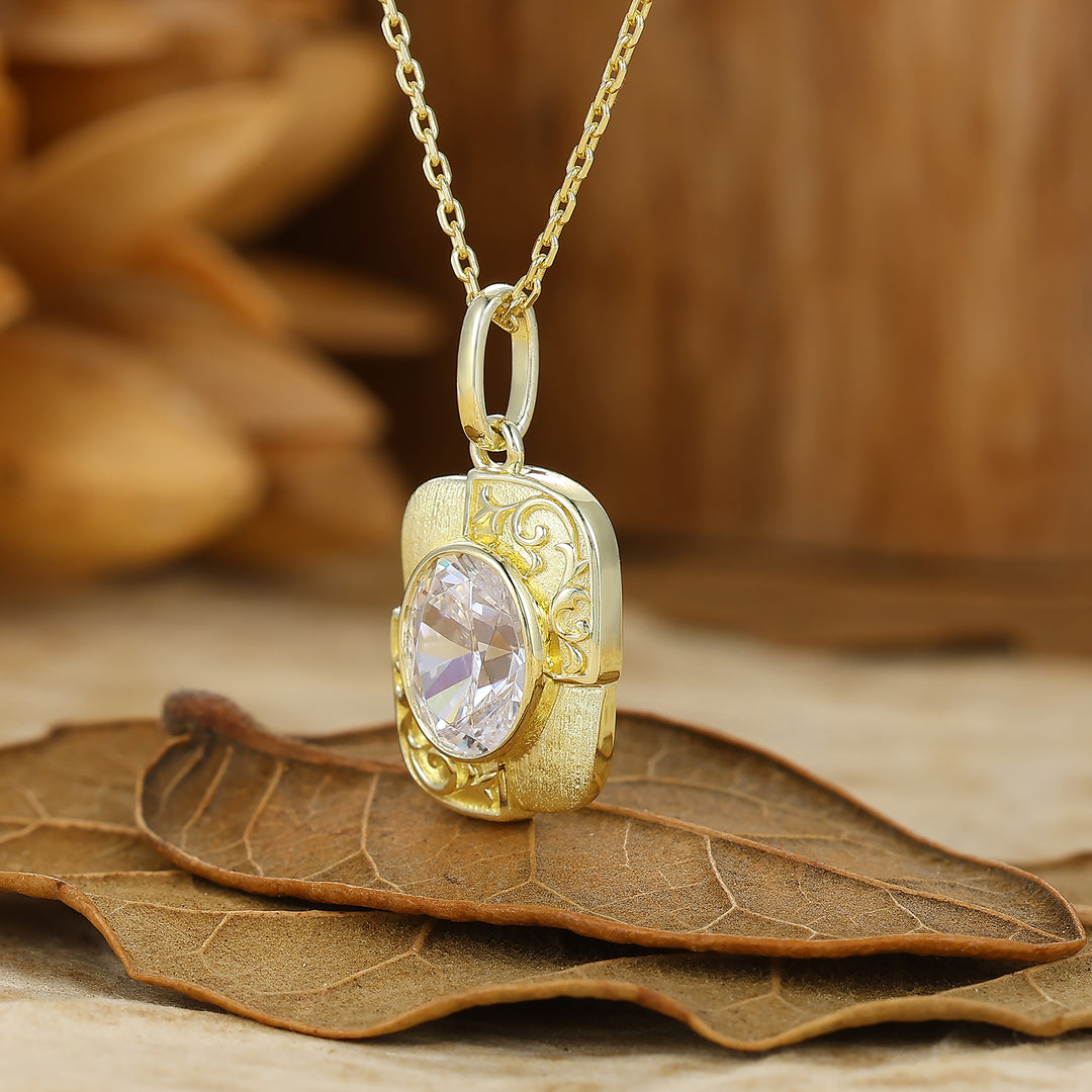 Textured Gold Filigreed Moissanite Pendant Solid Women Pendant Necklace