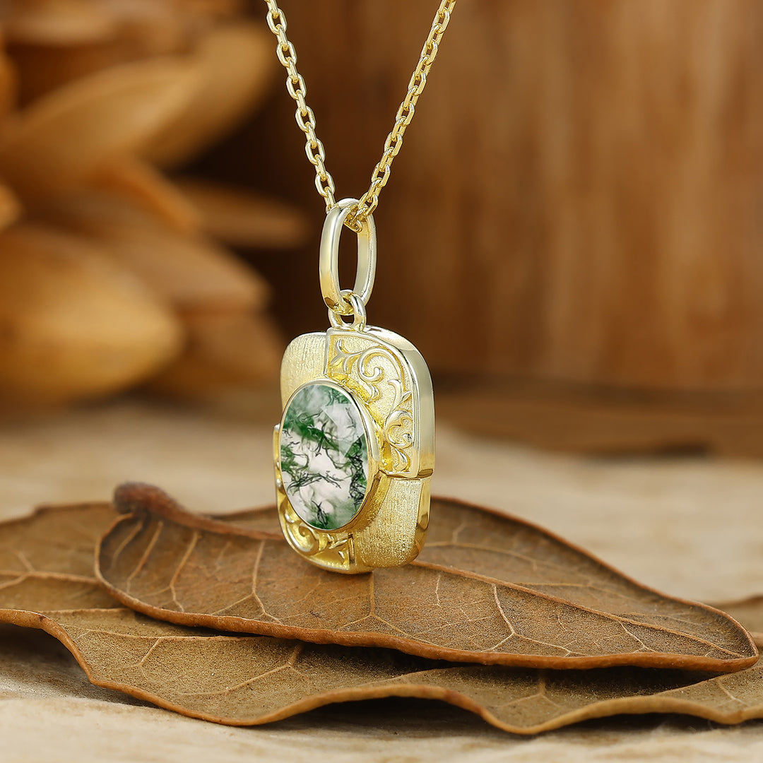 Textured Gold Filigreed  Moss Agate Pendant Solid Women Pendant Necklace