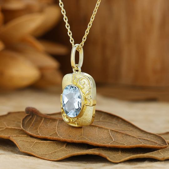 Textured Gold Filigreed Aquamarine Pendant Solid Women Pendant Necklace
