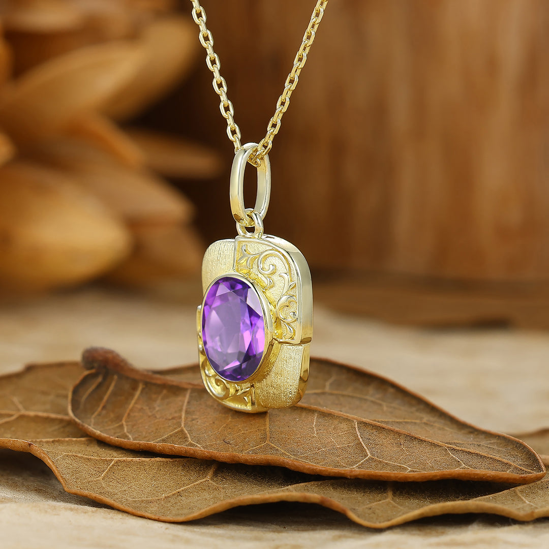 Textured Gold Filigreed Amethyst Pendant Solid Women Pendant Necklace